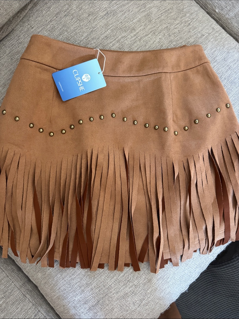Cupshe Tan Suede-Look Fringe Mini Skirt with Stud Accents